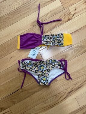Purple & Yellow Patterned Bandeau Bikini Set